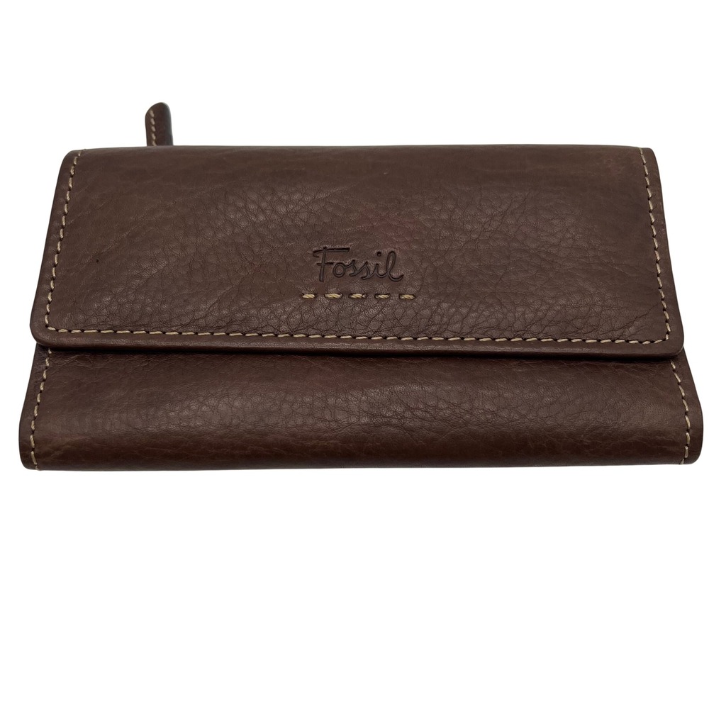 VTG Fossil Trifold Clutch Wallet Womens Brown Pebbled Leather Snap Organizer Y2K